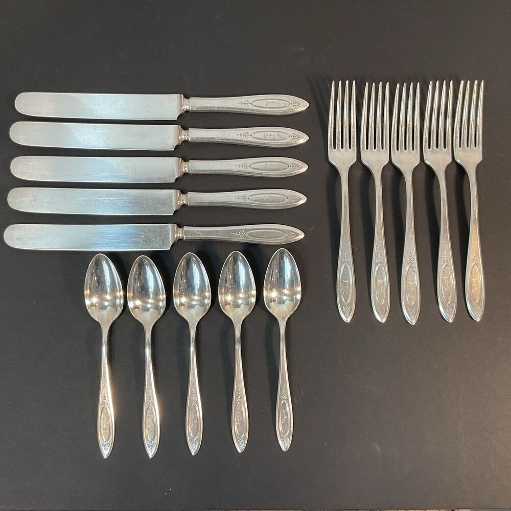 15 Pcs Oneida ADAM Silverplate Community Spoons Forks Knives Monogram “F” VTG